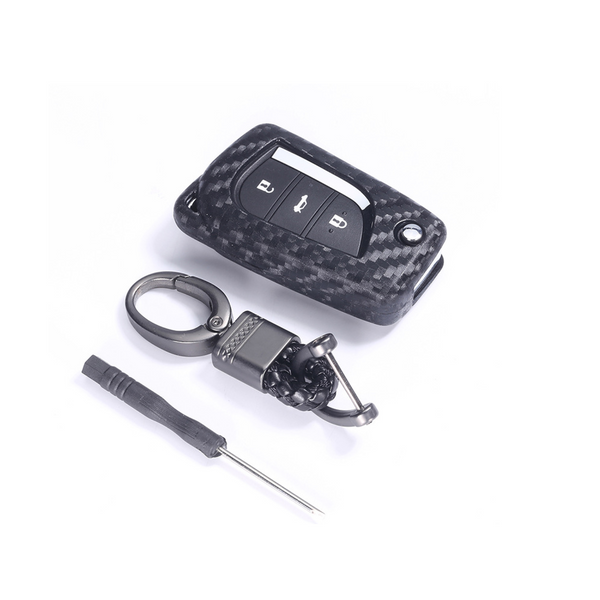 Car Styling Soft Carbon Fiber Pattern Key Cover Compatible with Toyota Folding Key with Keychain