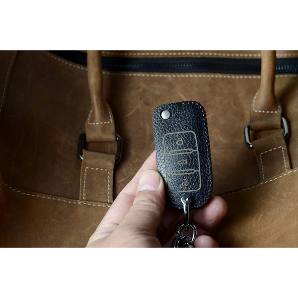 JVCV® Soft Handmade Lychee Pattern Leather Key Cover Compatible with Volkswagen Polo Vento Jetta Ameo Passat and Skoda Rapid Laura Superb Octavia Fabia Yeti Folding Key