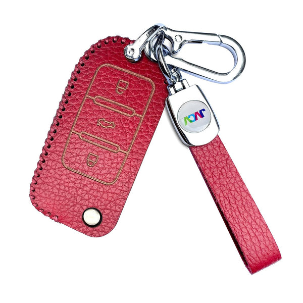 JVCV® Soft Handmade Lychee Pattern Leather Key Cover Compatible with Volkswagen Polo Vento Jetta Ameo Passat and Skoda Rapid Laura Superb Octavia Fabia Yeti Folding Key