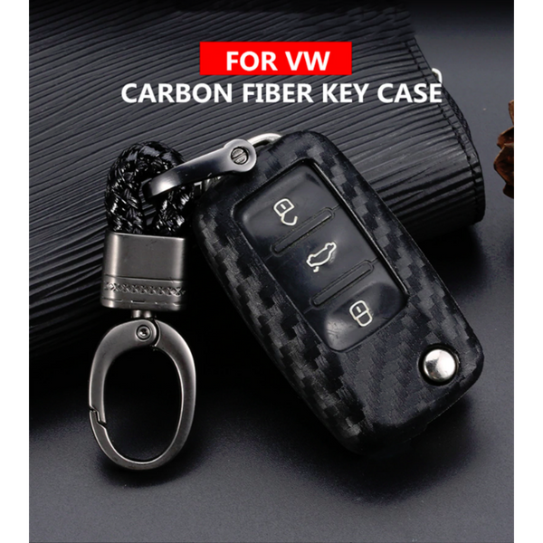 Car Styling Soft Carbon Fiber Pattern Key Cover Compatible with Volkswagen Polo Vento Jetta Ameo Passat and Skoda Rapid Laura Superb Octavia Fabia Yeti Folding Key with Keychain