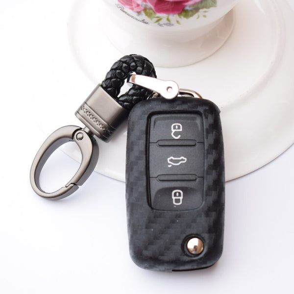 Car Styling Soft Carbon Fiber Pattern Key Cover Compatible with Volkswagen Polo Vento Jetta Ameo Passat and Skoda Rapid Laura Superb Octavia Fabia Yeti Folding Key with Keychain