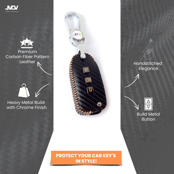 Carbon Fiber Leather Car Key Cover for Tata Tiago Tigor Punch Hexa Nexon Zest Bolt Safari Storme Flip Key - Premium PU case with Keychain