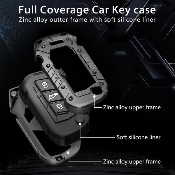 JVCV® Rugged Armor Metal Key Cover – Black Finish – Compatible with Mahindra XUV700, 3XO, Thar, Marazzo, Bolero, Scorpio N, XUV300, TUV300 Plus & XUV400 EV – 3 Button Flip Key