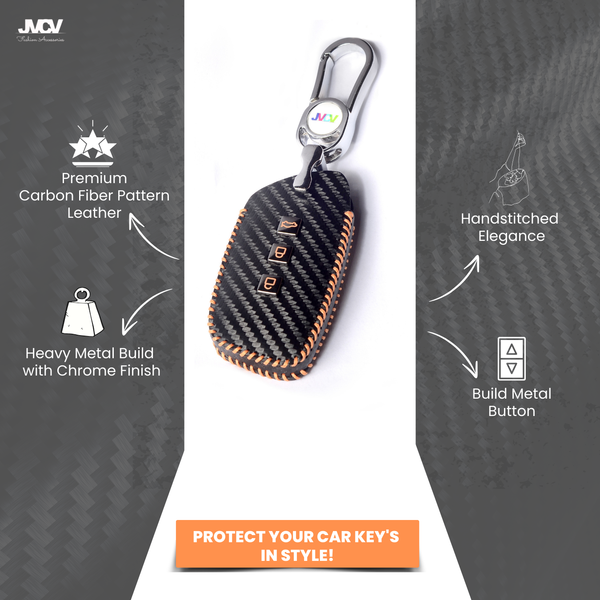 Carbon Fiber Leather Car Key Cover for New MG Hector, Hector Plus, Windsor, Windsor Pro EV Smart Key - Premium PU Case with Keychain
