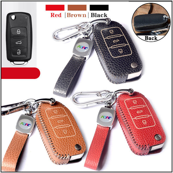JVCV® Soft Handmade Lychee Pattern Leather Key Cover Compatible with Volkswagen Polo Vento Jetta Ameo Passat and Skoda Rapid Laura Superb Octavia Fabia Yeti Folding Key