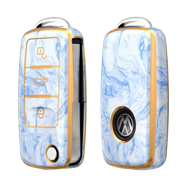 JVCV® Marble Gold Border TPU Key Cover Compatible with Volkswagen Polo Vento Jetta Ameo Passat and Skoda Rapid Laura Superb Octavia Fabia Yeti Folding Key (Black Marble)