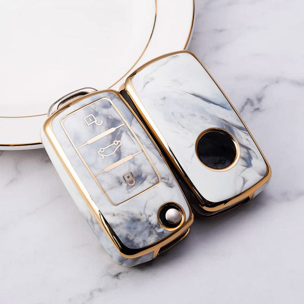 JVCV® Marble Gold Border TPU Key Cover Compatible with Volkswagen Polo Vento Jetta Ameo Passat and Skoda Rapid Laura Superb Octavia Fabia Yeti Folding Key (Black Marble)