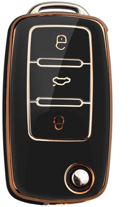 JVCV® Gold Border TPU Key Cover – Compatible with Volkswagen Polo, Vento, Jetta, Ameo, Passat & Skoda Rapid, Laura, Superb, Octavia, Fabia, Yeti – Folding Key