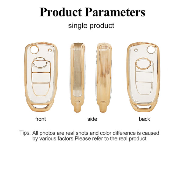 JVCV® Soft TPU Transparent Cover Compatible with Tata Tiago Tigor Punch Nexon Zest Bolt Safari Storme Flip Key (Transparent Gold)