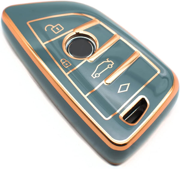 JVCV® Gold Border TPU Key Cover Compatible with BMW X1 X3 X5 X6 5 Series 6 Series 7 Series 3/4 Button Blade Smart Key – Glossy Protective Key Case