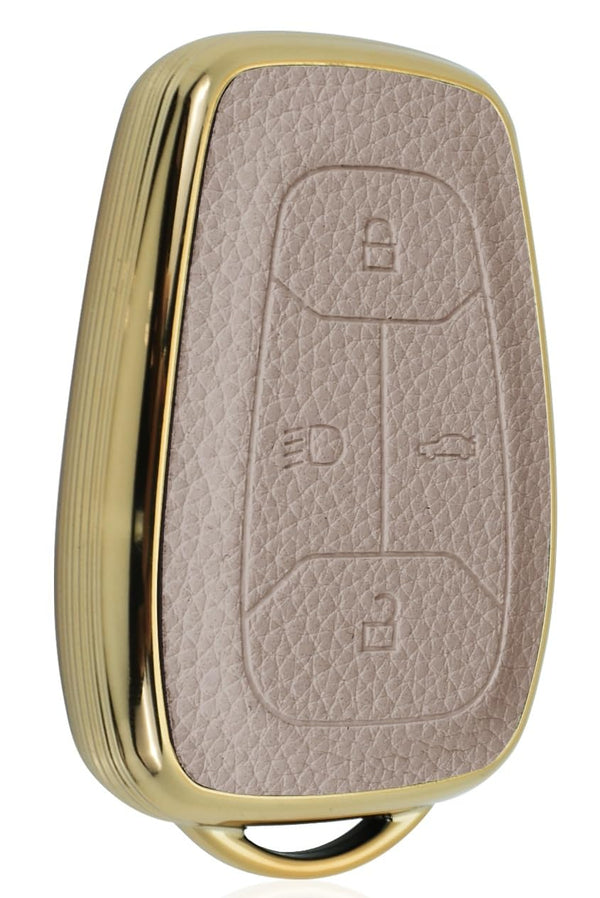 JVCV® Premium Soft Gold Border TPU Leather Pattern Key Cover Compatible with Tata Nexon, Harrier, Tiago EV, Altroz, Tigor, Safari, Nexon EV, Punch, Punch EV 4 Button Smart Key