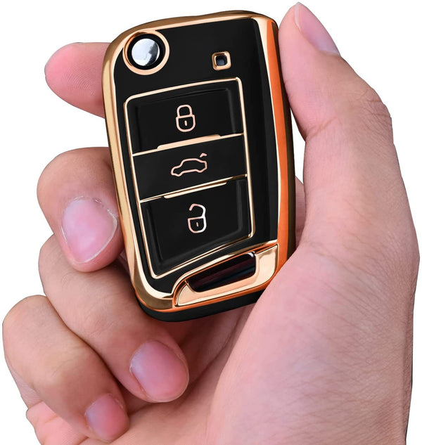 JVCV® Gold Border TPU Key Cover – Compatible with Skoda Kylaq, Slavia, Kushaq, Octavia, Kodiaq, Superb & VW Taigun, Tiguan, Virtus, T-ROC – Folding Key