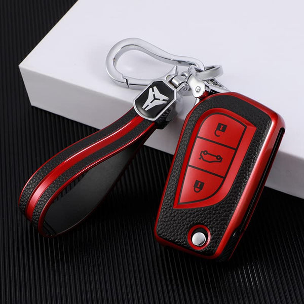 JVCV® Premium Soft TPU Leather Pattern Key Cover Compatible with Toyota Innova Crysta and Corolla Altis Flip Key