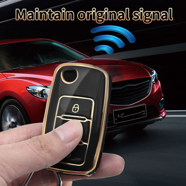 JVCV® Gold Border TPU Key Cover – Compatible with Volkswagen Polo, Vento, Jetta, Ameo, Passat & Skoda Rapid, Laura, Superb, Octavia, Fabia, Yeti – Folding Key