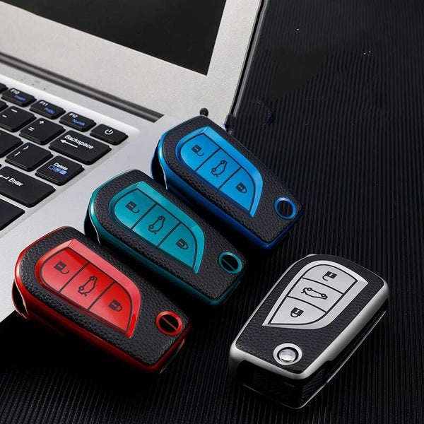JVCV® Premium Soft TPU Leather Pattern Key Cover Compatible with Toyota Innova Crysta and Corolla Altis Flip Key
