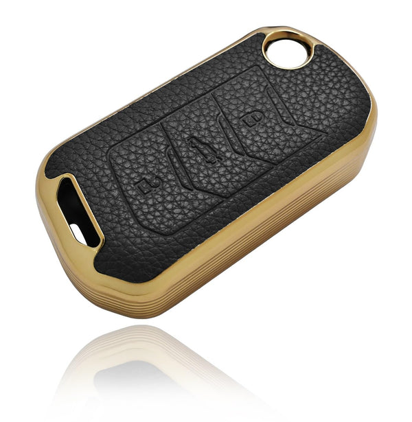 JVCV® Premium Soft Gold Border TPU Leather Pattern Key Cover Compatible with Mahindra XUV 700, 3XO, Thar, Marazzo, Bolero, Scorpio, Scorpio N, XUV 300, XUV 400 EV Thar Roxx 3 Button flip Key