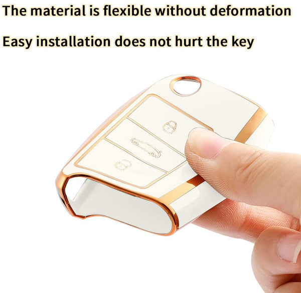 JVCV® Gold Border TPU Key Cover – Compatible with Skoda Kylaq, Slavia, Kushaq, Octavia, Kodiaq, Superb & VW Taigun, Tiguan, Virtus, T-ROC – Folding Key