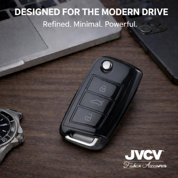 JVCV® Soft TPU Transparent Cover Compatible with Skoda Kushaq Taigun Tiguan Virtus Octavia Kodiaq Superb Folding Key (Transparent Black)