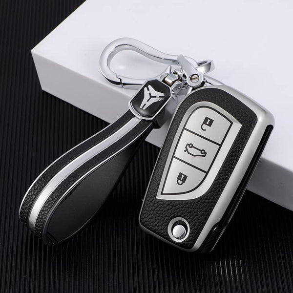 JVCV® Premium Soft TPU Leather Pattern Key Cover Compatible with Toyota Innova Crysta and Corolla Altis Flip Key