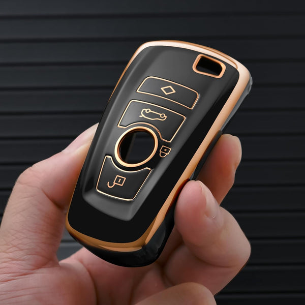 JVCV® Gold Border TPU Key Cover Compatible with BMW X4, X3, 5 Series, 6 Series, 3 Series, 7 Series 4 Button Smart Key (Black)