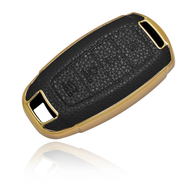 JVCV® Premium Soft Gold Border TPU Leather Pattern Key Cover Compatible with New Hyundai Verna and i20 NLine 4 Button Car Key