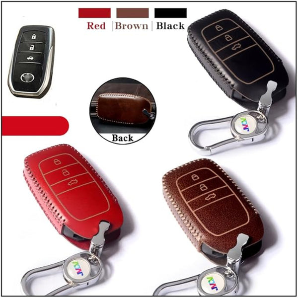 Car Styling Soft Handmade Leather Key Cover Compatible with Toyota 3 Button Smart Key with Keychain