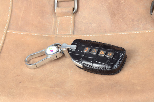 JVCV® Handmade Leather Crocodile Pattern Key Cover – Compatible with Hyundai Alcazar & Creta – 4 Button Smart Key