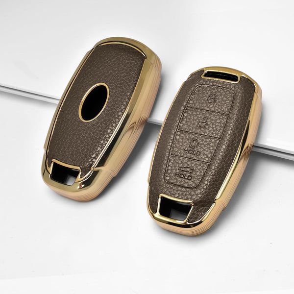 JVCV® Premium Soft Gold Border TPU Leather Pattern Key Cover Compatible with New Hyundai Verna and i20 NLine 4 Button Car Key