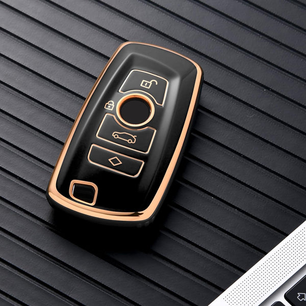 JVCV® Gold Border TPU Key Cover Compatible with BMW X4, X3, 5 Series, 6 Series, 3 Series, 7 Series 4 Button Smart Key (Black)