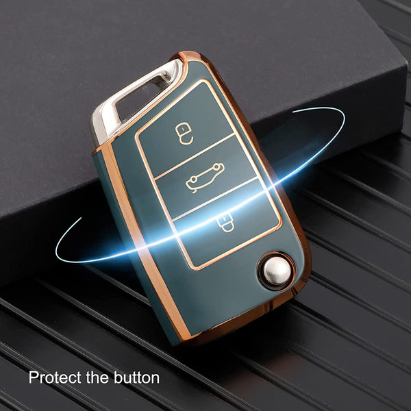JVCV® Gold Border TPU Key Cover – Compatible with Skoda Kylaq, Slavia, Kushaq, Octavia, Kodiaq, Superb & VW Taigun, Tiguan, Virtus, T-ROC – Folding Key