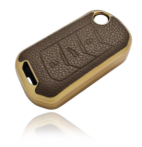 JVCV® Premium Soft Gold Border TPU Leather Pattern Key Cover Compatible with Mahindra XUV 700, 3XO, Thar, Marazzo, Bolero, Scorpio, Scorpio N, XUV 300, XUV 400 EV Thar Roxx 3 Button flip Key