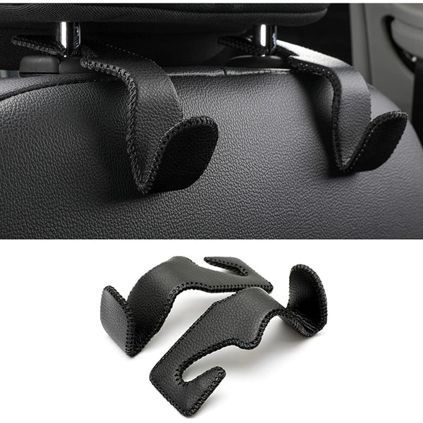 Headrest Hooks for Car, Back Seat Organizer Black Leather Hanger Holder Hook, for Hanging Purses and Bags and Coats, Pack of 2