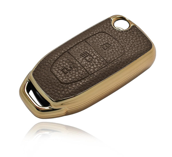 JVCV® Premium Soft Gold Border TPU Leather Pattern Key Cover Compatible with Tata Curvv Tiago Tigor Punch Nexon Zest Bolt Safari Storme Flip Key