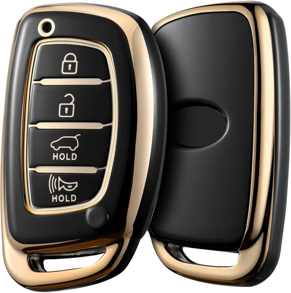 JVCV® Gold Border TPU Key Cover – Compatible with Hyundai Creta, Venue, i20, Tucson, Elantra – 4 Button Smart Key