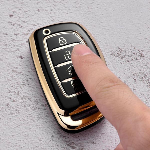 JVCV® Gold Border TPU Key Cover – Compatible with Hyundai Creta, Venue, i20, Tucson, Elantra – 4 Button Smart Key