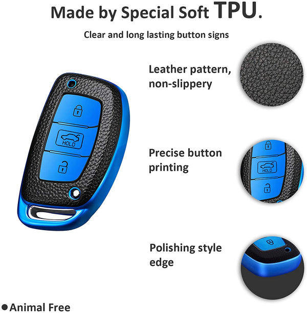 JVCV® Premium Soft TPU Leather Pattern Key Cover Compatible with Hyundai Creta, i10 Grand, i20 Elite, i20 Active, Xcent, Verna 4s, Tucson, Elantra, Grand i10 Nios 3 Button Smart Key