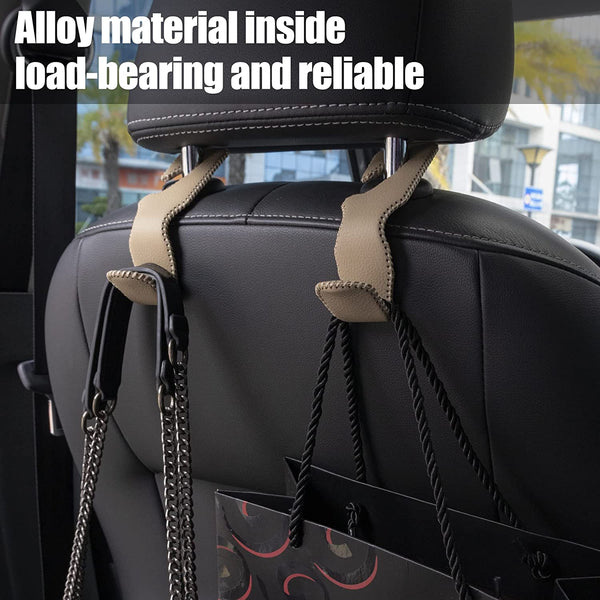 Headrest Hooks for Car, Back Seat Organizer Black Leather Hanger Holder Hook, for Hanging Purses and Bags and Coats, Pack of 2