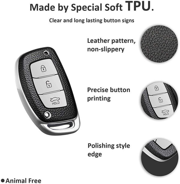 JVCV® Premium Soft TPU Leather Pattern Key Cover Compatible with Hyundai Creta, i10 Grand, i20 Elite, i20 Active, Xcent, Verna 4s, Tucson, Elantra, Grand i10 Nios 3 Button Smart Key