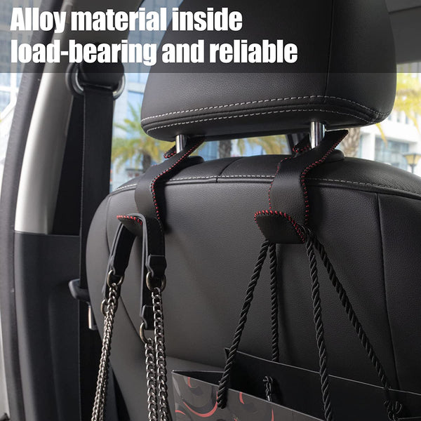 Headrest Hooks for Car, Back Seat Organizer Black Leather Hanger Holder Hook, for Hanging Purses and Bags and Coats, Pack of 2