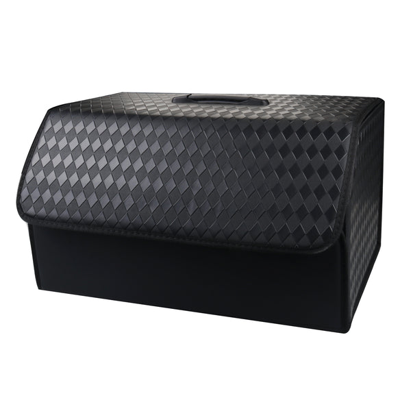 JVCV® Stylish Embossed PU Leather Car Trunk Organizer – Foldable Multipurpose Car Boot Storage Box with Handle