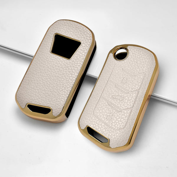 JVCV® Premium Soft Gold Border TPU Leather Pattern Key Cover Compatible with Mahindra XUV 700, 3XO, Thar, Marazzo, Bolero, Scorpio, Scorpio N, XUV 300, XUV 400 EV Thar Roxx 3 Button flip Key
