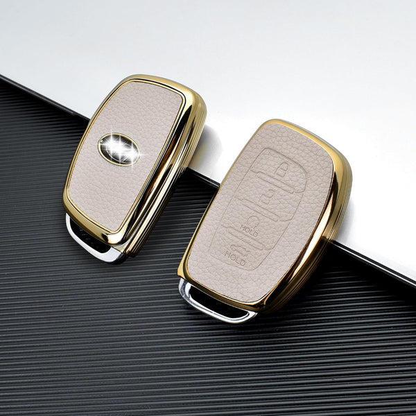 JVCV® Premium Soft Gold Border TPU Leather Pattern Key Cover Compatible with New Hyundai Alcazar and Creta 4 Button Smart Key