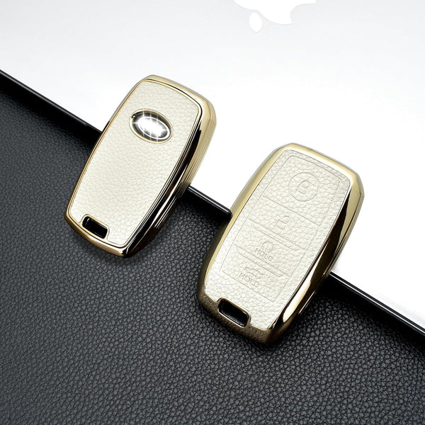 JVCV® Premium Soft Gold Border TPU Leather Pattern Key Cover Compatible with Kia Seltos Sonet Carens 4 Button Smart Key