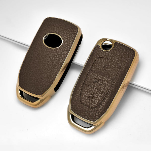 JVCV® Premium Soft Gold Border TPU Leather Pattern Key Cover Compatible with Tata Curvv Tiago Tigor Punch Nexon Zest Bolt Safari Storme Flip Key