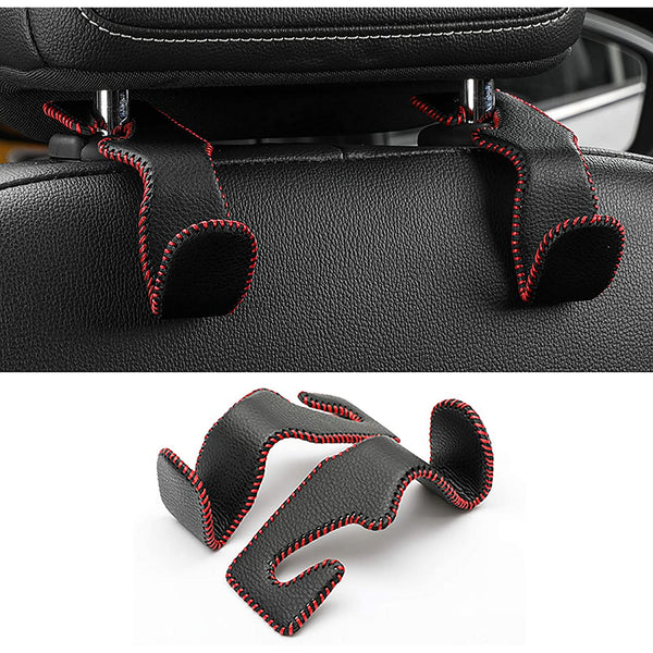 Headrest Hooks for Car, Back Seat Organizer Black Leather Hanger Holder Hook, for Hanging Purses and Bags and Coats, Pack of 2