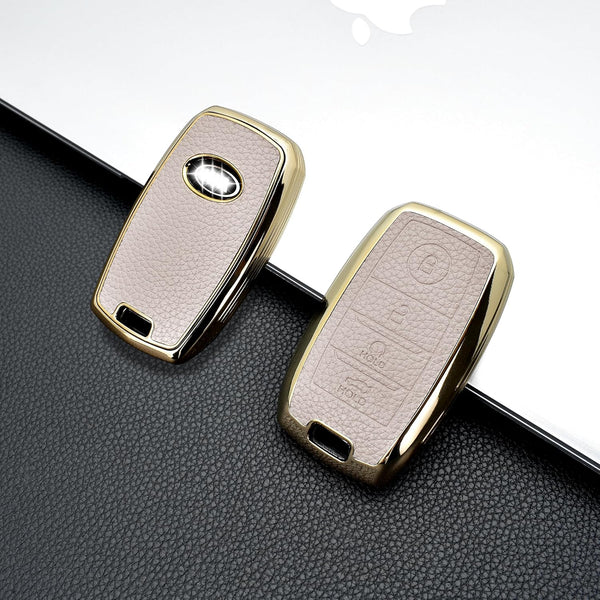 JVCV® Premium Soft Gold Border TPU Leather Pattern Key Cover Compatible with Kia Seltos Sonet Carens 4 Button Smart Key
