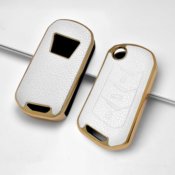 JVCV® Premium Soft Gold Border TPU Leather Pattern Key Cover Compatible with Mahindra XUV 700, 3XO, Thar, Marazzo, Bolero, Scorpio, Scorpio N, XUV 300, XUV 400 EV Thar Roxx 3 Button flip Key