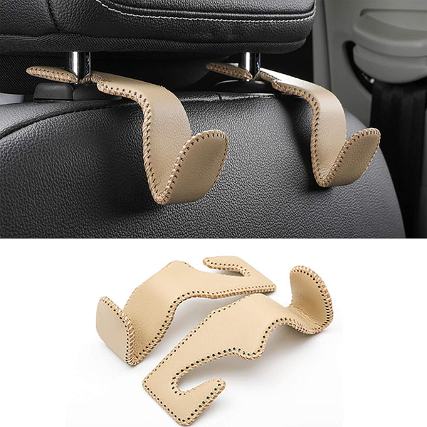 Headrest Hooks for Car, Back Seat Organizer Black Leather Hanger Holder Hook, for Hanging Purses and Bags and Coats, Pack of 2