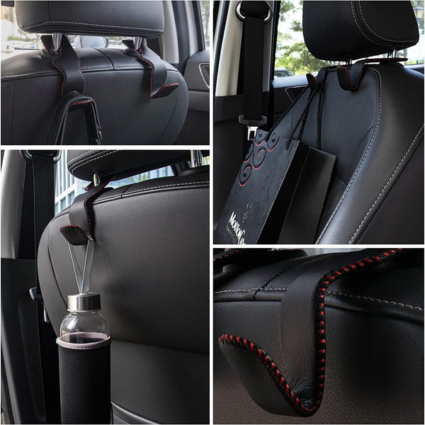 Headrest Hooks for Car, Back Seat Organizer Black Leather Hanger Holder Hook, for Hanging Purses and Bags and Coats, Pack of 2