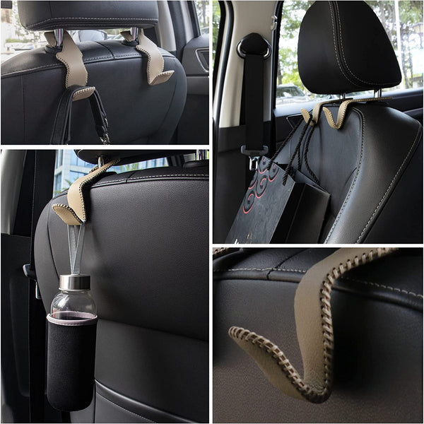Headrest Hooks for Car, Back Seat Organizer Black Leather Hanger Holder Hook, for Hanging Purses and Bags and Coats, Pack of 2